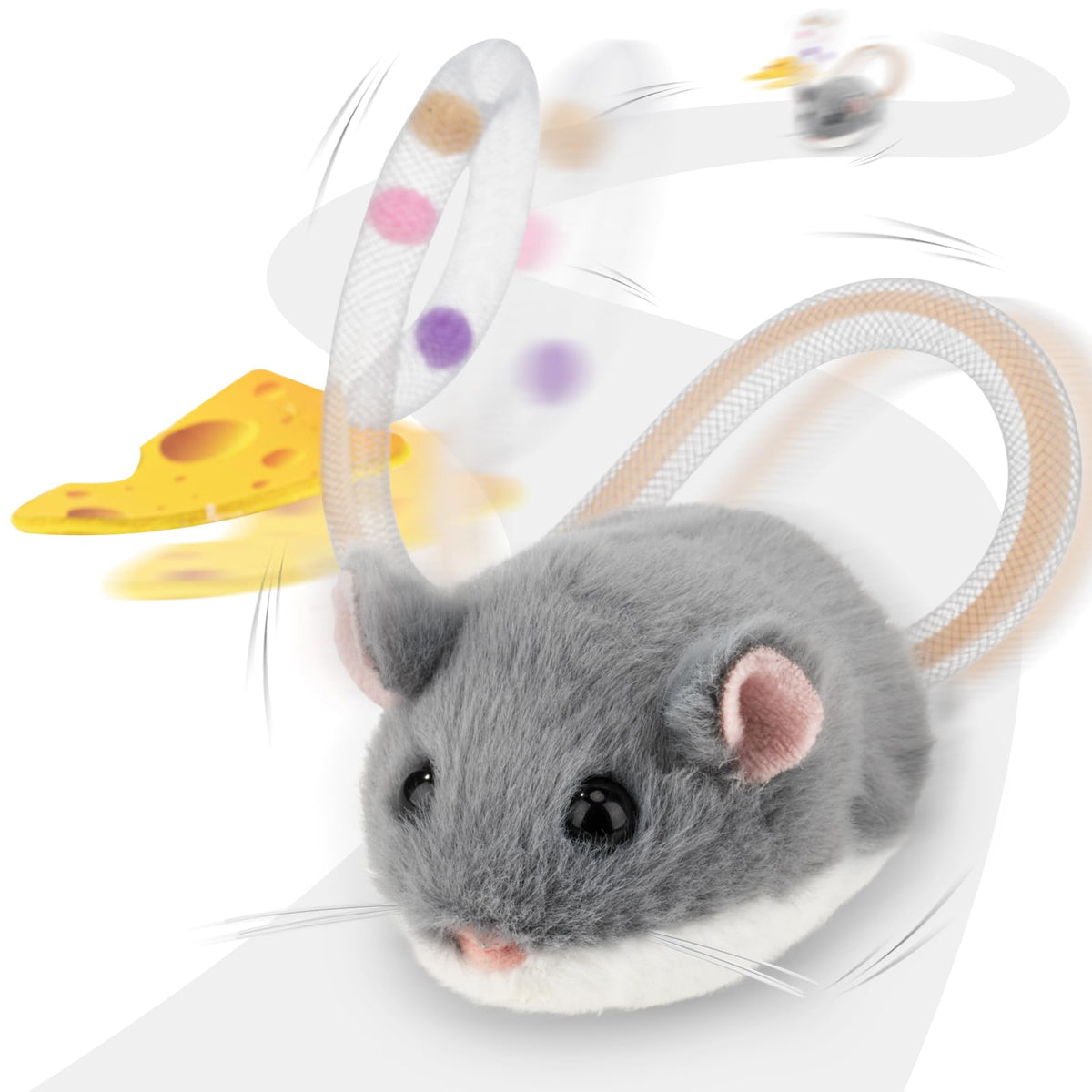 Migipaws Interactive MigiMouse Cat Toy 360° Rolling & Spin with Mesh Plastic Tail for Indoor Cats Smart Motion Sensor, Realistic Squeak, Rechargeable Plush Kitten Toy(Grey)