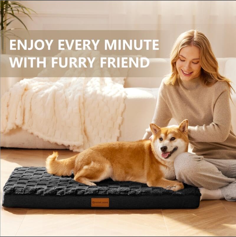 Patas Lague Orthopedic Dog Bed Large Sized Dog 36''X24'', Waterproof Soft Comfortable Egg Crate Foam Large Pet Beds Crate Mat with Removable Washable Cover and Nonskid Bottom, Black