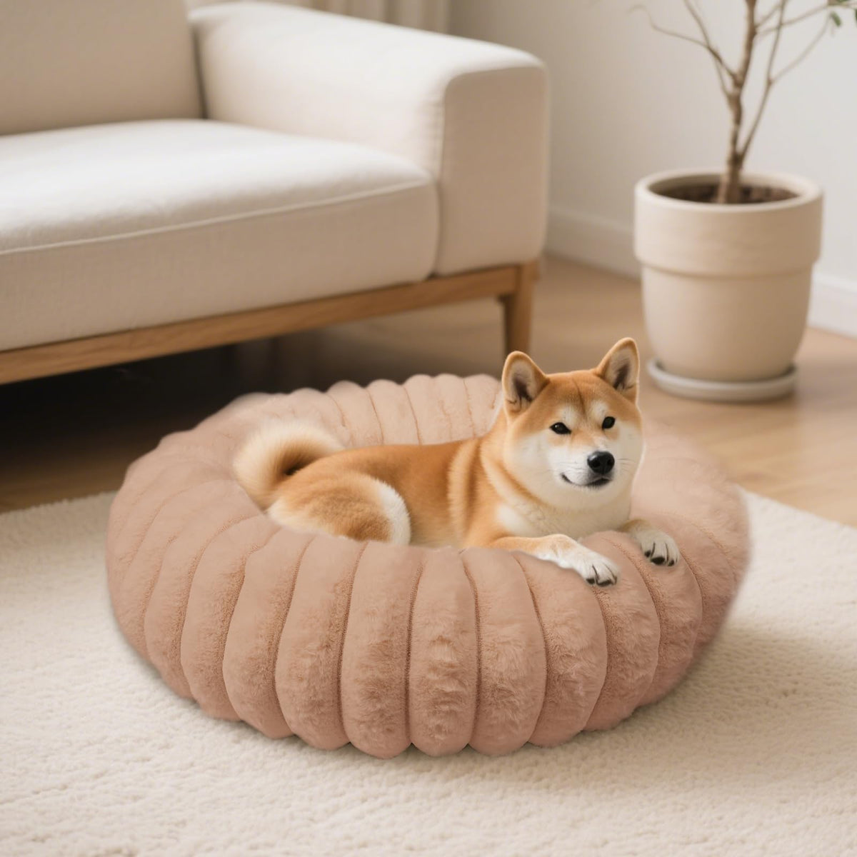 Donut Dog and Cat Bed, Luxurious Comfortable Faux Rabbit Fur Pet Beds, Round Anti-Anxiety Calming Puppy Kitten Bed with Anti-Slip Bottom for Small Medium Dogs & Cats(20", White)