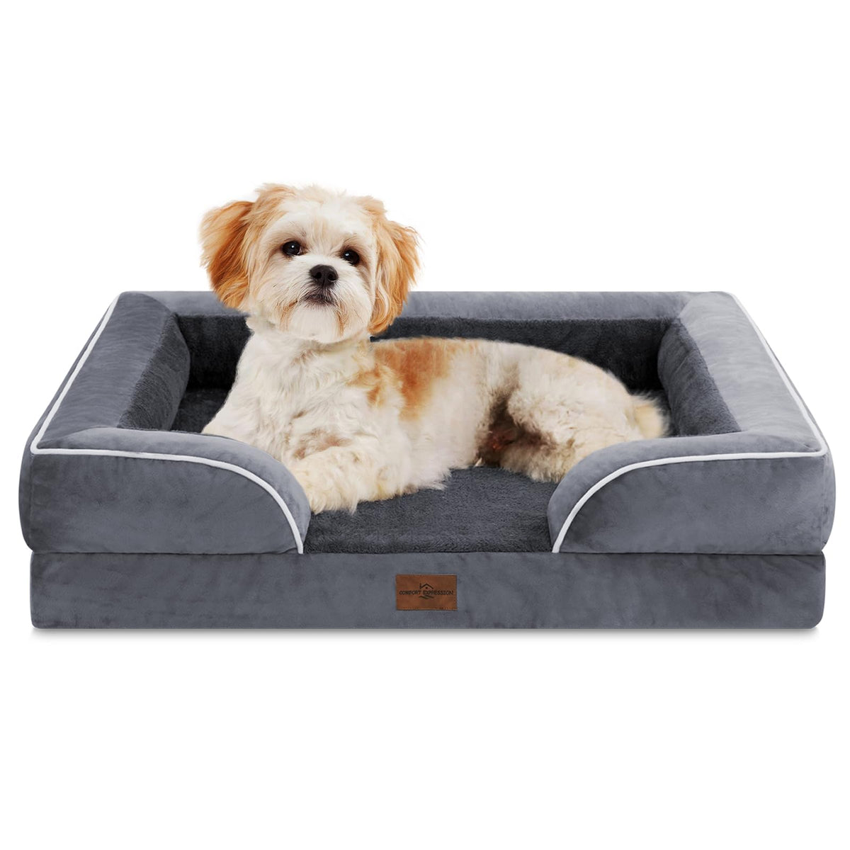 Comfort Expression Orthopedic Dog Bed for Extra Large Dogs with Bolster | Waterproof Dog Couch Bed with Washable Cover & Non-Slip Bottom, Supportive Egg Crate Foam XL Pet Bed, 42x30 Inch