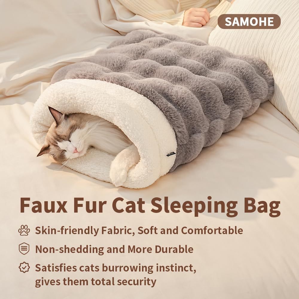 SOMAHE Cat Sleeping Bag for Indoor Cats, Faux Fur Pet Cave Bed & Burrow Nest, Reversible Plush Snuggle Sack, Portable Foldable Mat, Machine Washable, Anti-Static, 21.7"x17.7" Coffee