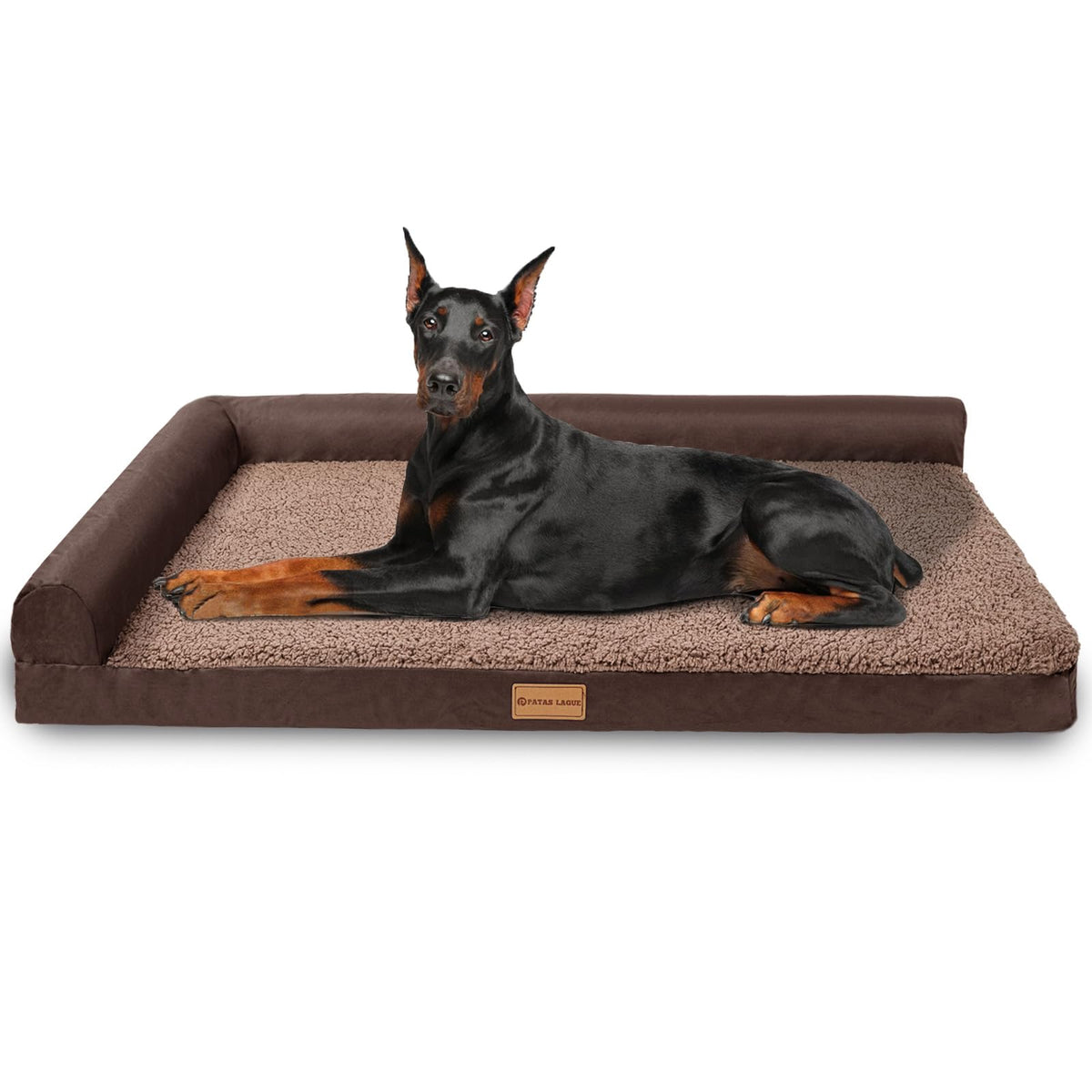 Patas Lague Orthopedic Dog Bed Large Sized Dog 36''X24'', Waterproof L Bolster Medium Pet Sofa Beds with Removable Washable Cover, Soft Pet Couch Crate Mat with Nonskid Bottom, Black
