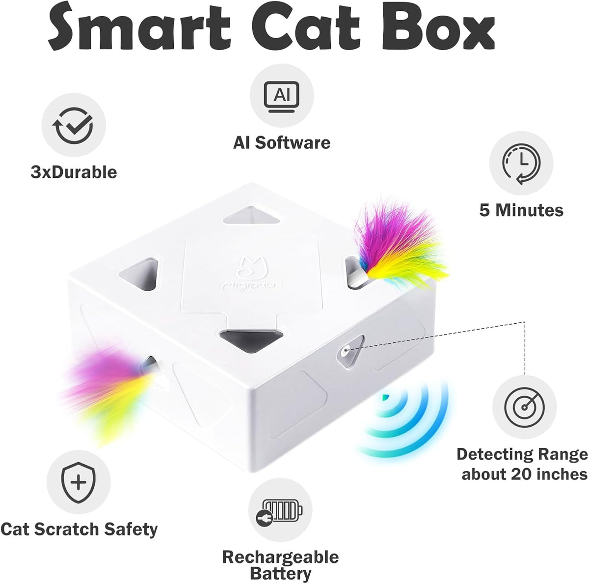 Interactive Cat Toys -Migibox for Indoor Bored Cats, Automatic Pop Out Feathers from 7 Holes Randomly, Motion Activated, USB Rechargeable (Purple Skin)