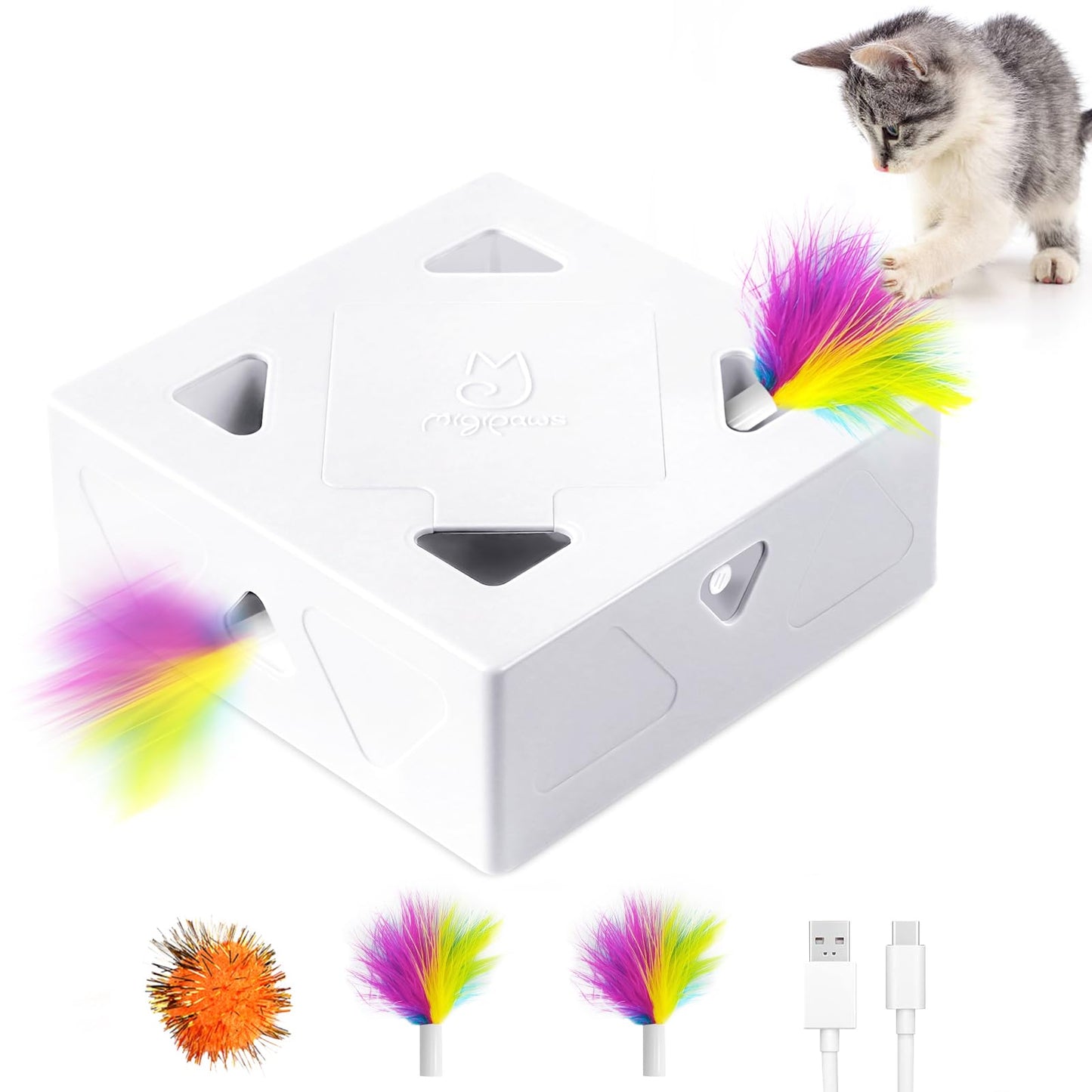 Interactive Cat Toys -Migibox for Indoor Bored Cats, Automatic Pop Out Feathers from 7 Holes Randomly, Motion Activated, USB Rechargeable (Purple Skin)