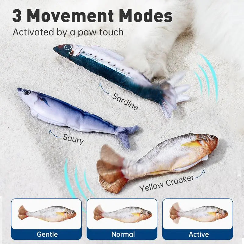 Ultra-Realistic Flopping Fish Cat Toys 3 Pack, Interactive Cat toys for All Breeds, Tap-Activated 3 Flapping Mode, Sardine/Saury/Yellow Croaker, 7.1 Inches, with Catnip, Rechargeable,Interactive pet toys