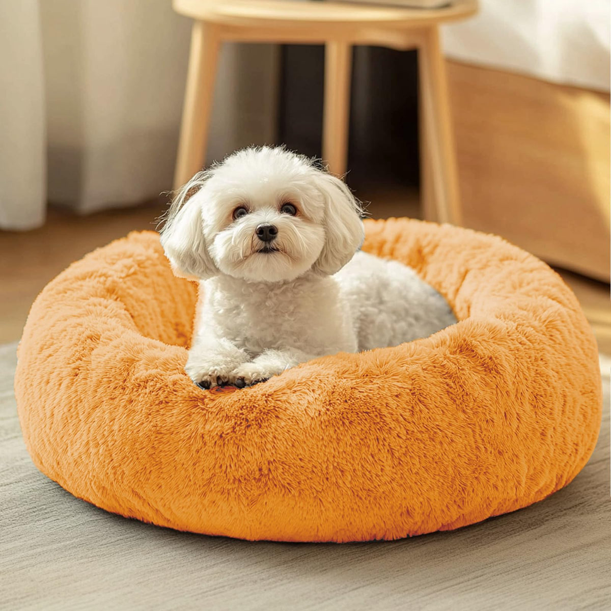 JOLLYVOGUE Small Dog Bed, Calming Soft Anti-Anxiety Donut Cat Bed, Washable Round Fluffy Cushion for Small and Medium Pets (20")