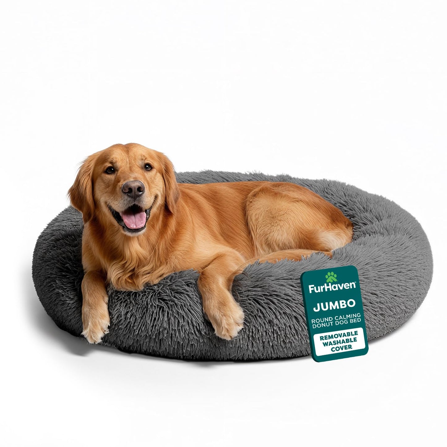 Furhaven 30" Round Calming Donut Dog Bed for Medium/Small Dogs, Refillable w/ Removable Washable Cover, For Dogs Up to 45 lbs - Shaggy Plush Long Faux Fur Donut Bed - Taupe, Medium