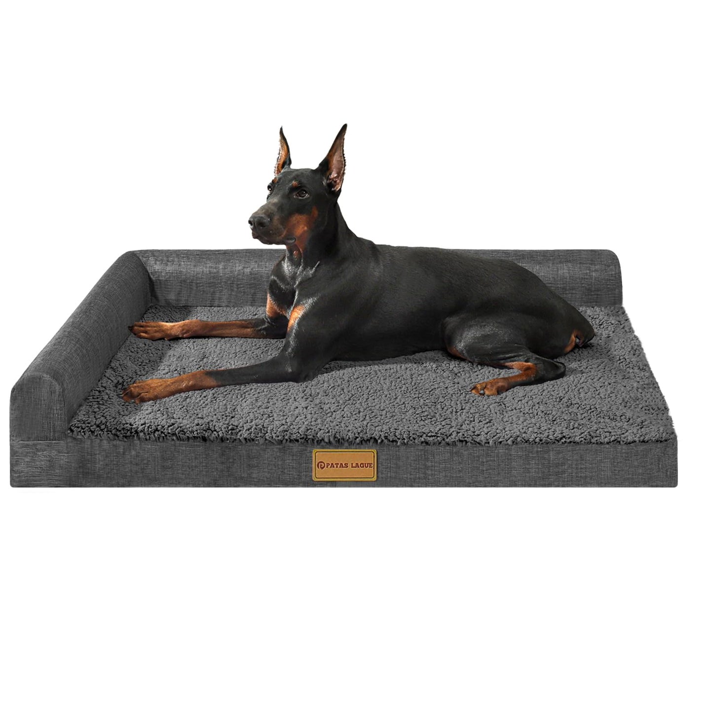 Patas Lague Orthopedic Dog Bed Large Sized Dog 36''X24'', Waterproof L Bolster Medium Pet Sofa Beds with Removable Washable Cover, Soft Pet Couch Crate Mat with Nonskid Bottom, Black