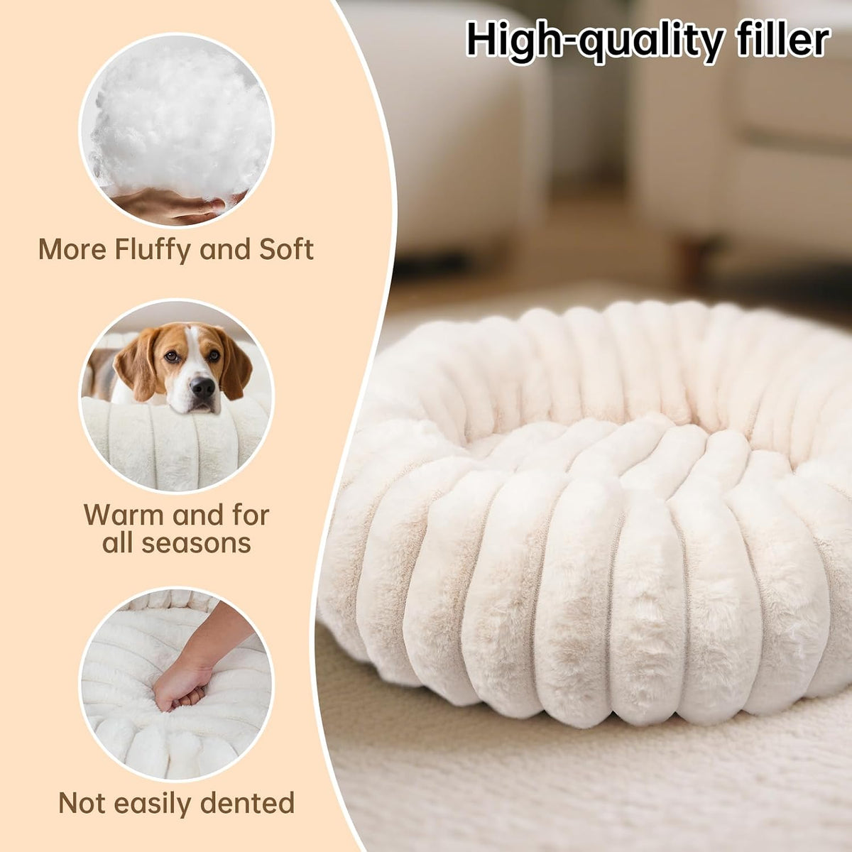 Donut Dog and Cat Bed, Luxurious Comfortable Faux Rabbit Fur Pet Beds, Round Anti-Anxiety Calming Puppy Kitten Bed with Anti-Slip Bottom for Small Medium Dogs & Cats(20", White)
