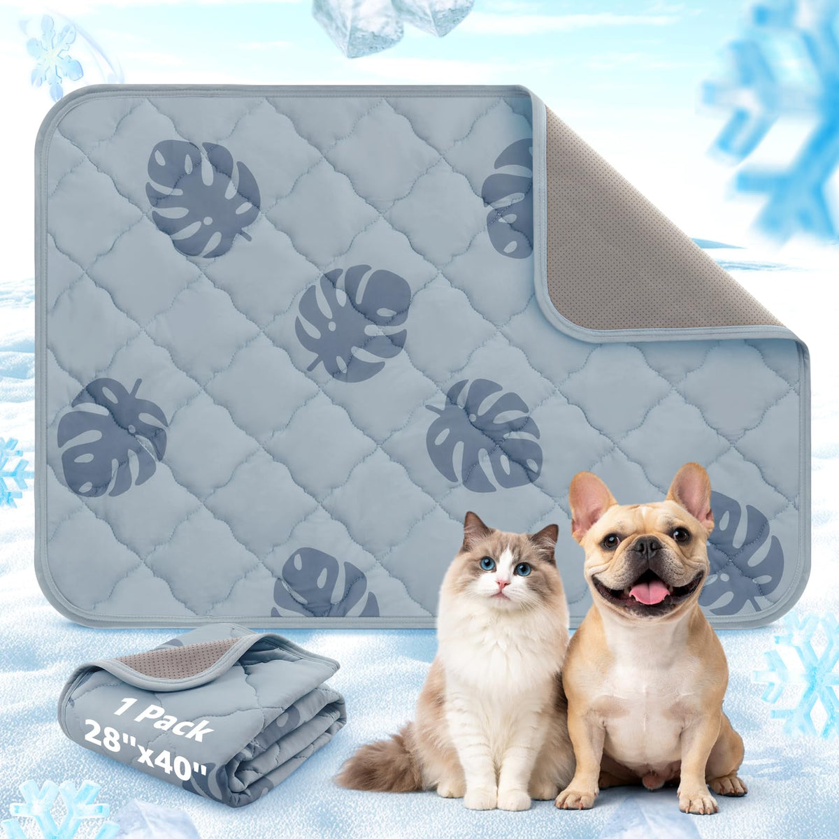 LOOBANI Dog Cooling Mat for Large Dogs - 56"x36" Pet Cooling Mat with Anti-Slip Bottom, Waterproof Self-Cooling Dog Pad for Crate, Floor & Car, Grey Monstera (Grey, 56"x36")