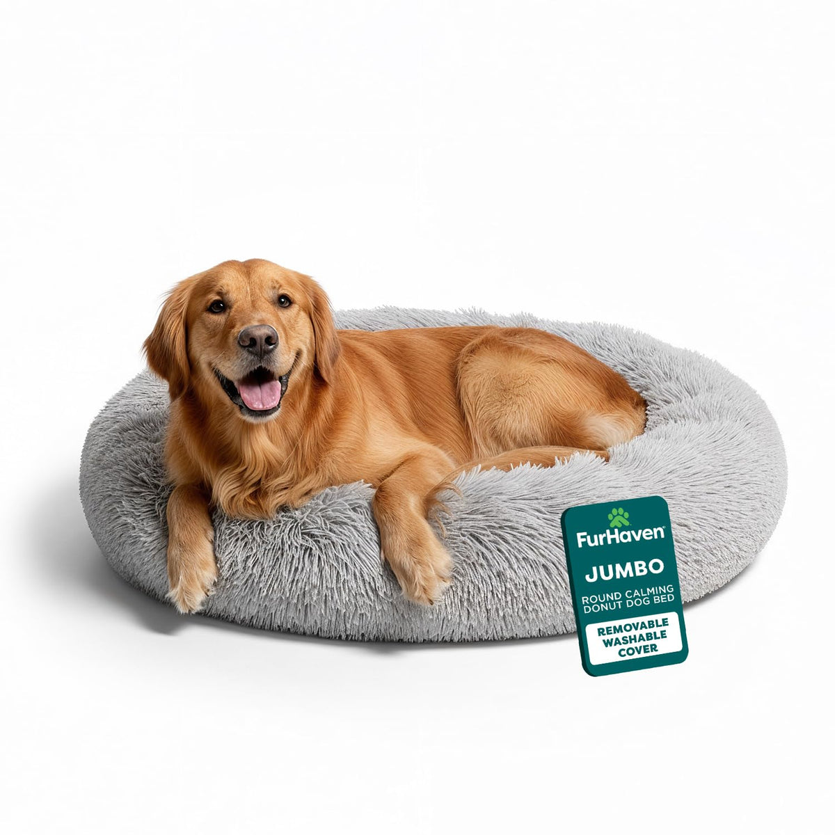 Furhaven 30" Round Calming Donut Dog Bed for Medium/Small Dogs, Refillable w/ Removable Washable Cover, For Dogs Up to 45 lbs - Shaggy Plush Long Faux Fur Donut Bed - Taupe, Medium