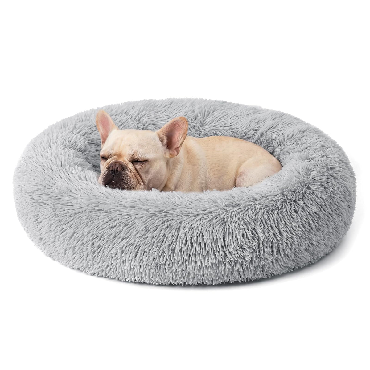 Calming Donut Dog and Cat Bed for Indoor Cats, Anti-Anxiety Round Fluffy Soft Washable Small Pet Bed for Puppy and Kitten, Warming Comfortable Luxury Anti-Slip Waterproof Mute Base 20in Gray