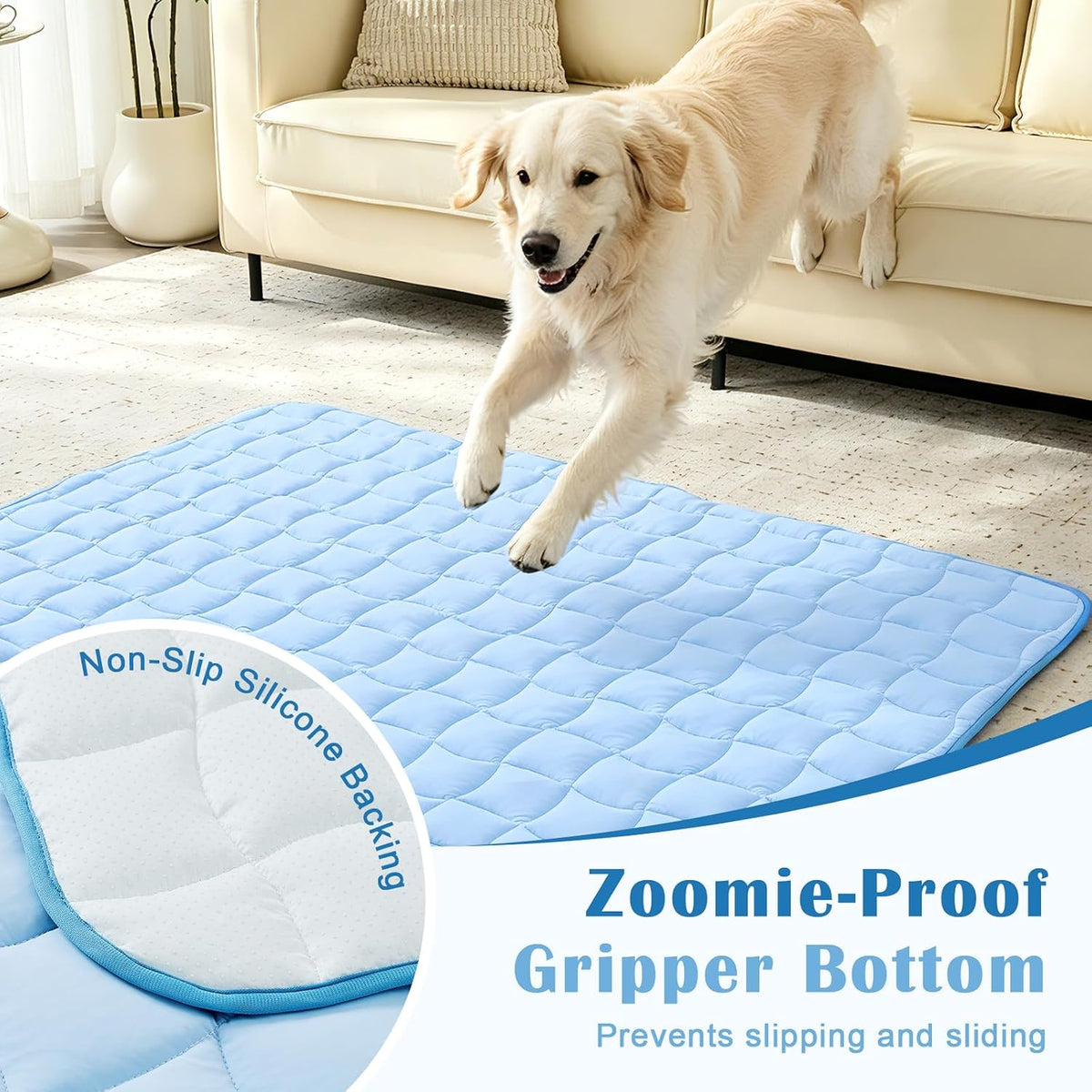 JOLLYVOGUE Cooling Mat for Dogs, 44" x 32" - X-Large Dog Cooling Pad, Wavy Quilted Kennels Bed with Non-Slip Base, Machine Washable Indoor Outdoor Summer Sleeping Dog Mat, Blue