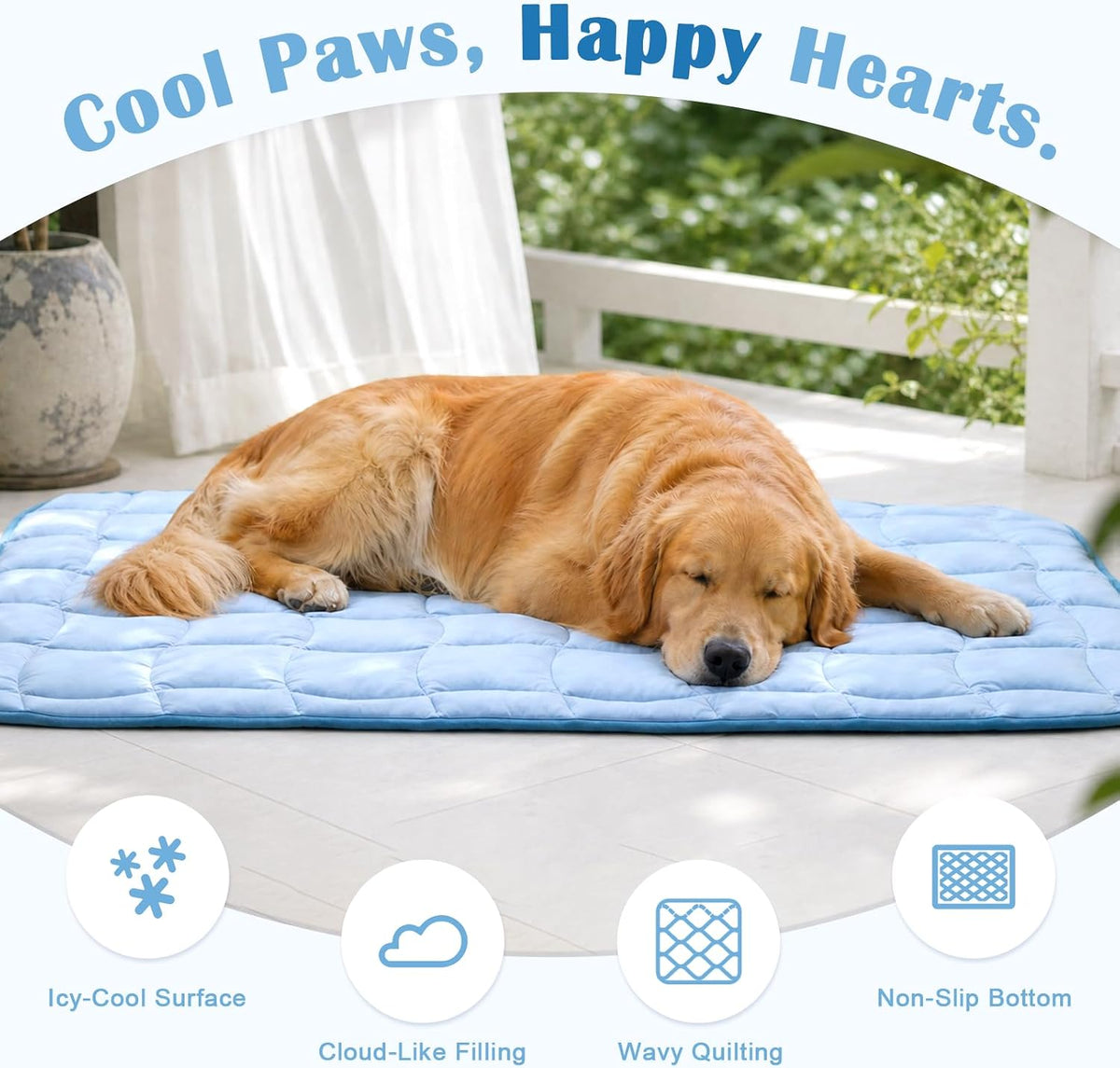 JOLLYVOGUE Cooling Mat for Dogs, 44" x 32" - X-Large Dog Cooling Pad, Wavy Quilted Kennels Bed with Non-Slip Base, Machine Washable Indoor Outdoor Summer Sleeping Dog Mat, Blue