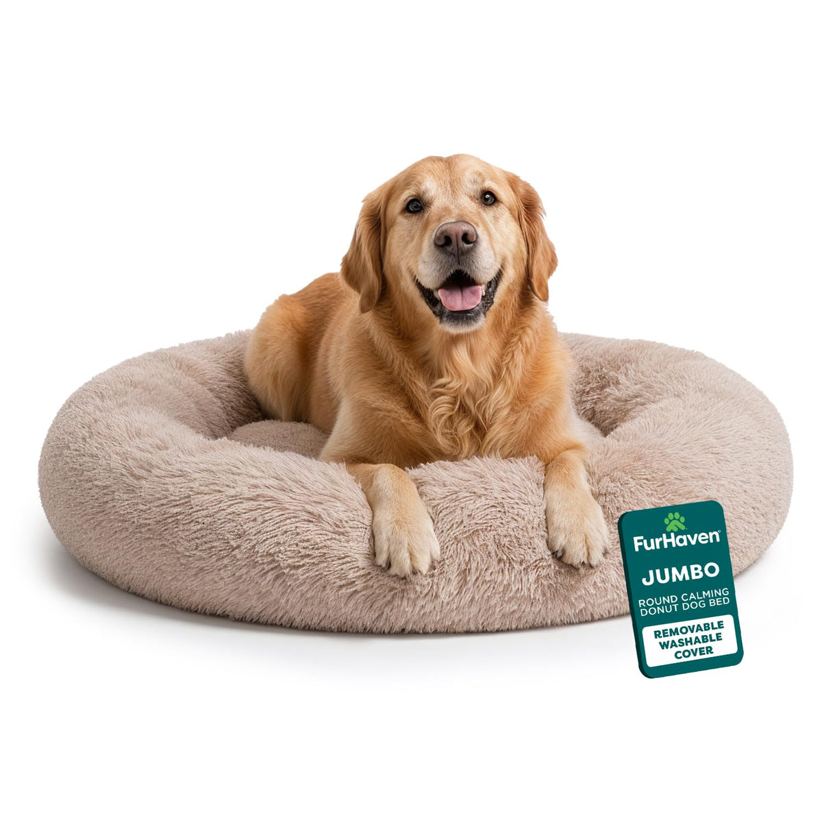 Furhaven 30" Round Calming Donut Dog Bed for Medium/Small Dogs, Refillable w/ Removable Washable Cover, For Dogs Up to 45 lbs - Shaggy Plush Long Faux Fur Donut Bed - Taupe, Medium