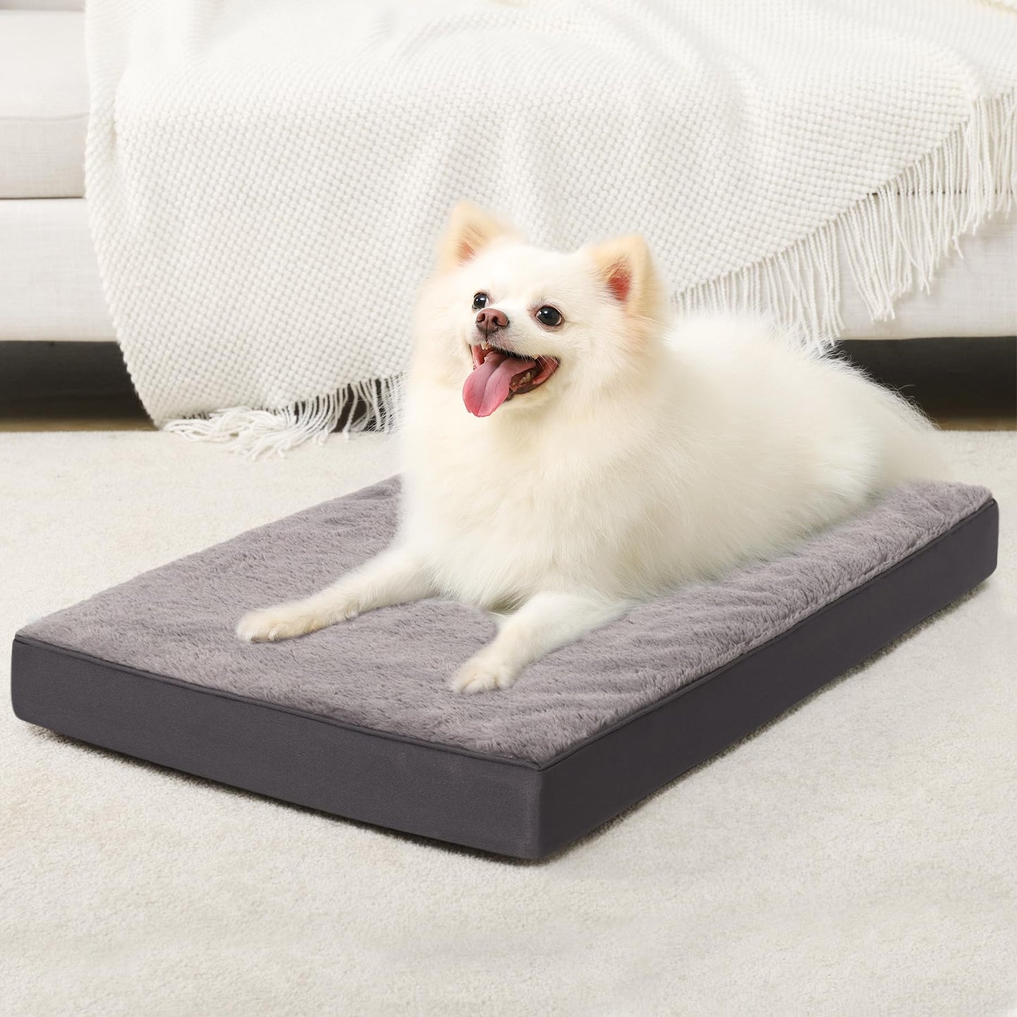 KSIIA Orthopedic Dog Bed Dog Crate Bed Waterproof for Large Dogs Deluxe Plush Washable Pet Mat with Egg Crate Foam & Removable Cover, 35 x 22 Inch, Gray