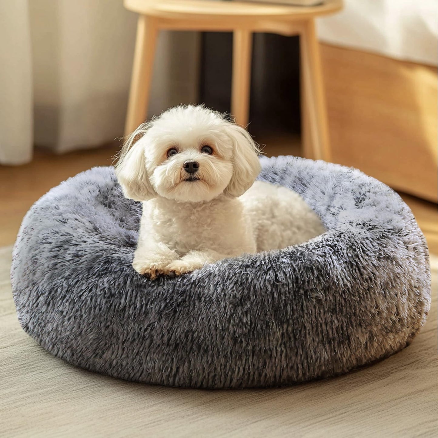 JOLLYVOGUE Small Dog Bed, Calming Soft Anti-Anxiety Donut Cat Bed, Washable Round Fluffy Cushion for Small and Medium Pets (20")
