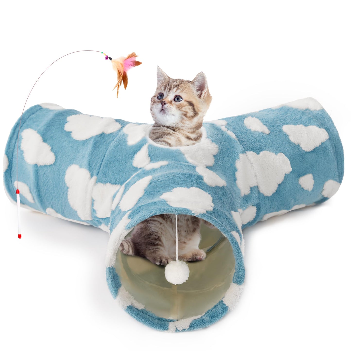 Tempcore Pet Cat Tunnel Tube Toys 3 Way Collapsible, Tunnels for Indoor Cats, Interactive Tube with Teaser Wand, Peek Holes & Hanging Ball, Black & Blue