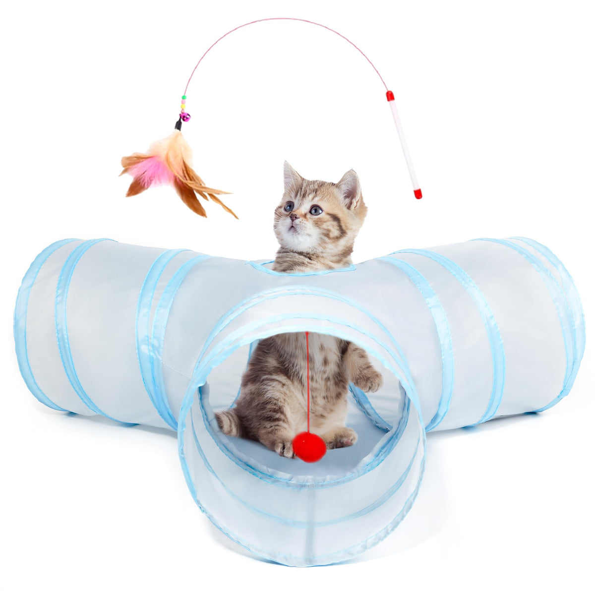Tempcore Pet Cat Tunnel Tube Toys 3 Way Collapsible, Tunnels for Indoor Cats, Interactive Tube with Teaser Wand, Peek Holes & Hanging Ball, Black & Blue