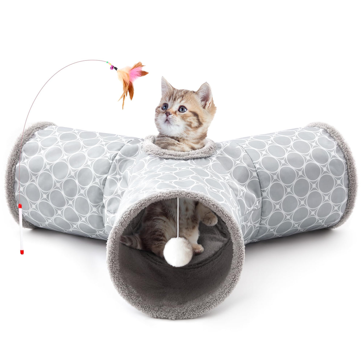 Tempcore Pet Cat Tunnel Tube Toys 3 Way Collapsible, Tunnels for Indoor Cats, Interactive Tube with Teaser Wand, Peek Holes & Hanging Ball, Black & Blue