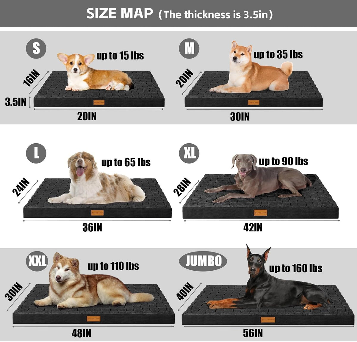 Patas Lague Orthopedic Dog Bed Large Sized Dog 36''X24'', Waterproof Soft Comfortable Egg Crate Foam Large Pet Beds Crate Mat with Removable Washable Cover and Nonskid Bottom, Black