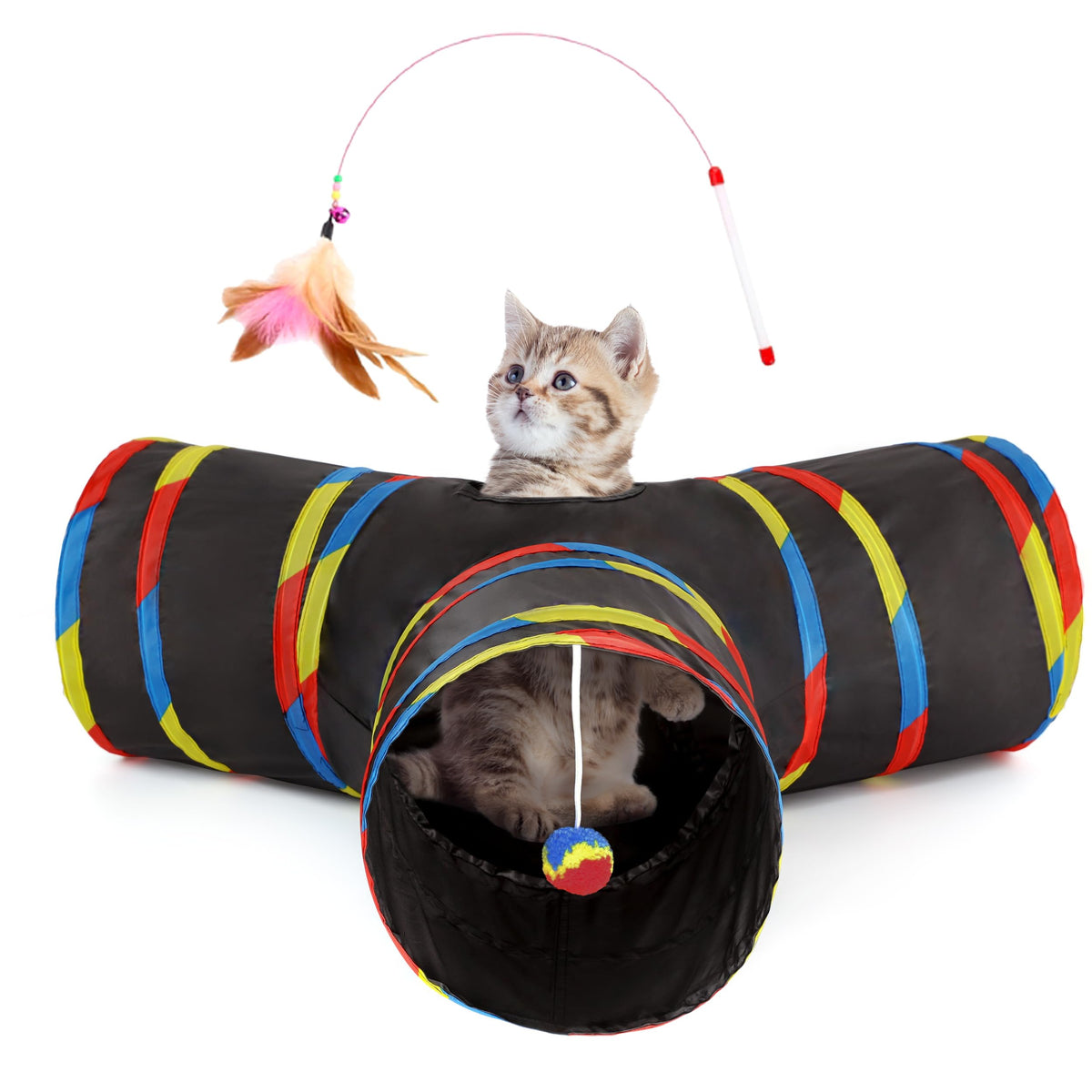 Tempcore Pet Cat Tunnel Tube Toys 3 Way Collapsible, Tunnels for Indoor Cats, Interactive Tube with Teaser Wand, Peek Holes & Hanging Ball, Black & Blue