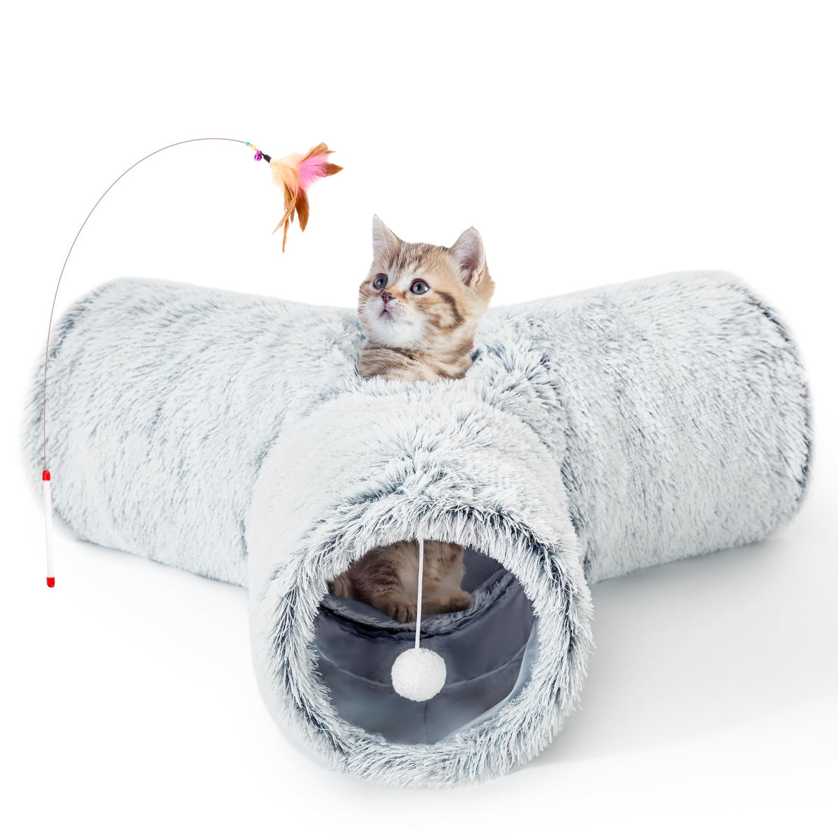 Tempcore Pet Cat Tunnel Tube Toys 3 Way Collapsible, Tunnels for Indoor Cats, Interactive Tube with Teaser Wand, Peek Holes & Hanging Ball, Black & Blue