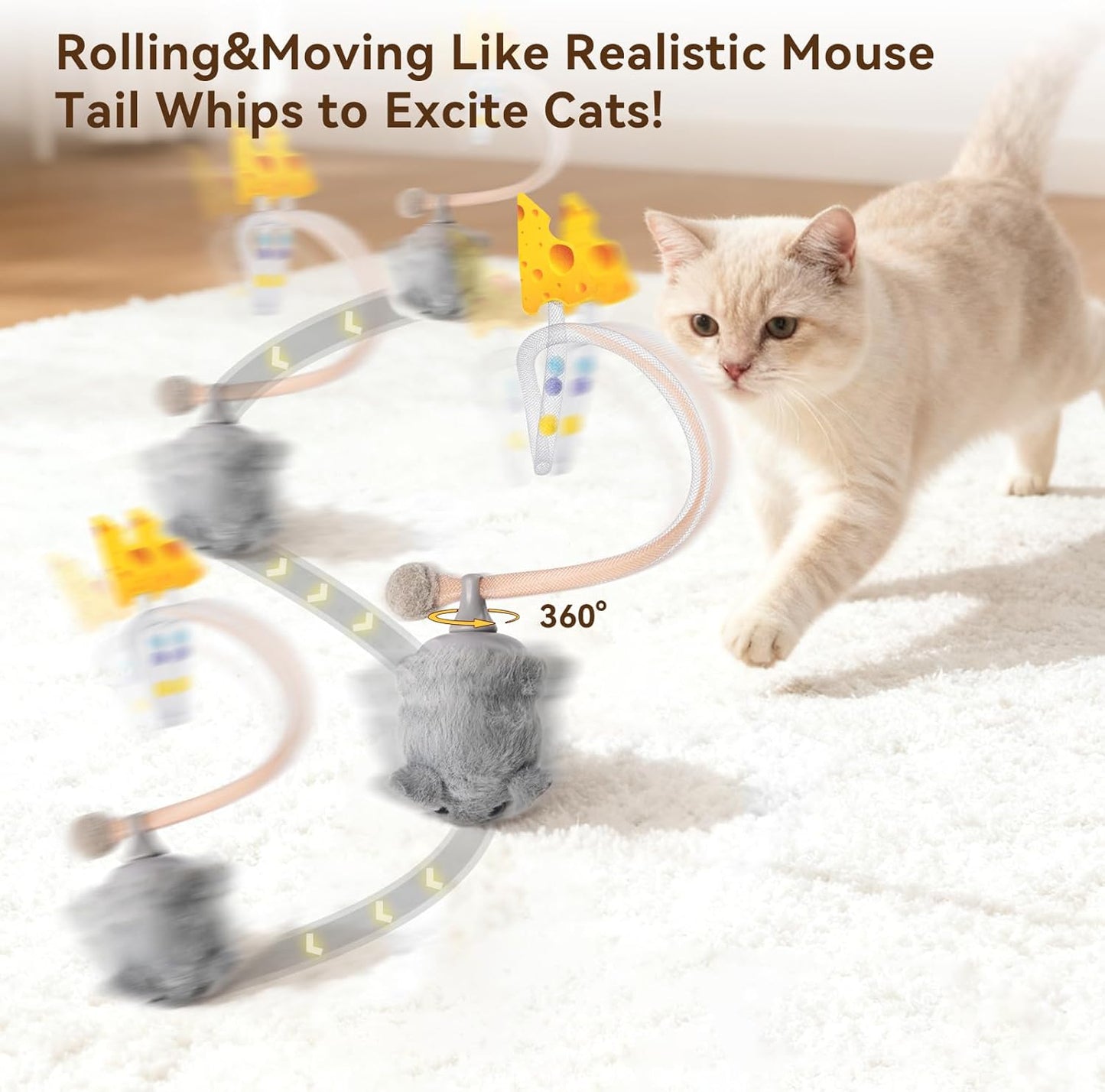 Migipaws Interactive MigiMouse Cat Toy 360° Rolling & Spin with Mesh Plastic Tail for Indoor Cats Smart Motion Sensor, Realistic Squeak, Rechargeable Plush Kitten Toy(Grey)