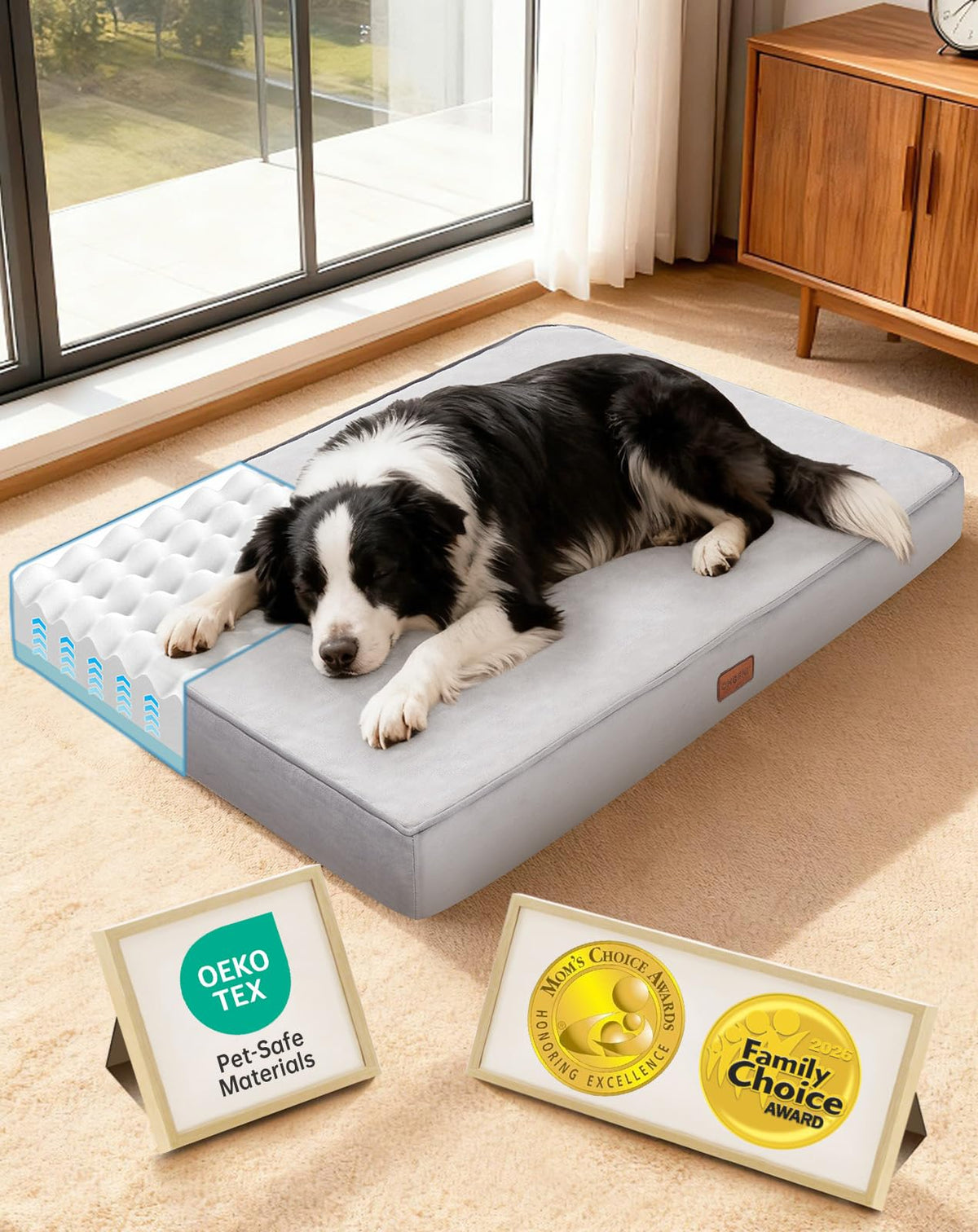 OhGeni Orthopedic Waterproof Dog Bed for Extra Large Dogs, Machine-Washable Removable Cover in Easy-Clean Fabric, Reversible Memory Foam & Easy-Carry Handle, Suitable for Crate, 41 inch (Gray)