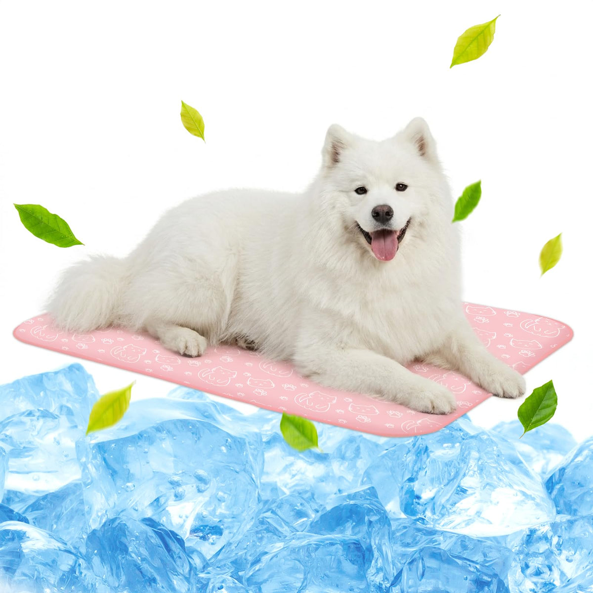 NWK Pet Cooling Mat -Q-Max>0.345 Ice Silk Cooling Mat for Dogs & Cats Portable & Washable Pet Cooling Blanket, Car Seats, Beds for Summer (Green Leaf, 20'' X 16'' X 0.3'')