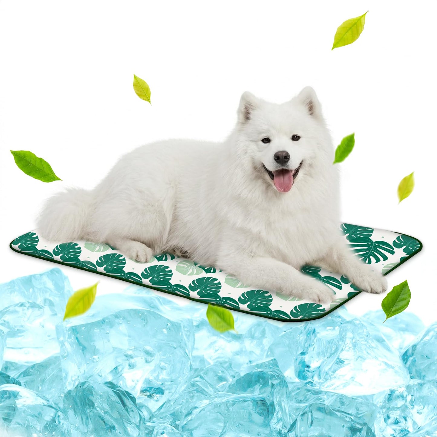 NWK Pet Cooling Mat -Q-Max>0.345 Ice Silk Cooling Mat for Dogs & Cats Portable & Washable Pet Cooling Blanket, Car Seats, Beds for Summer (Green Leaf, 20'' X 16'' X 0.3'')