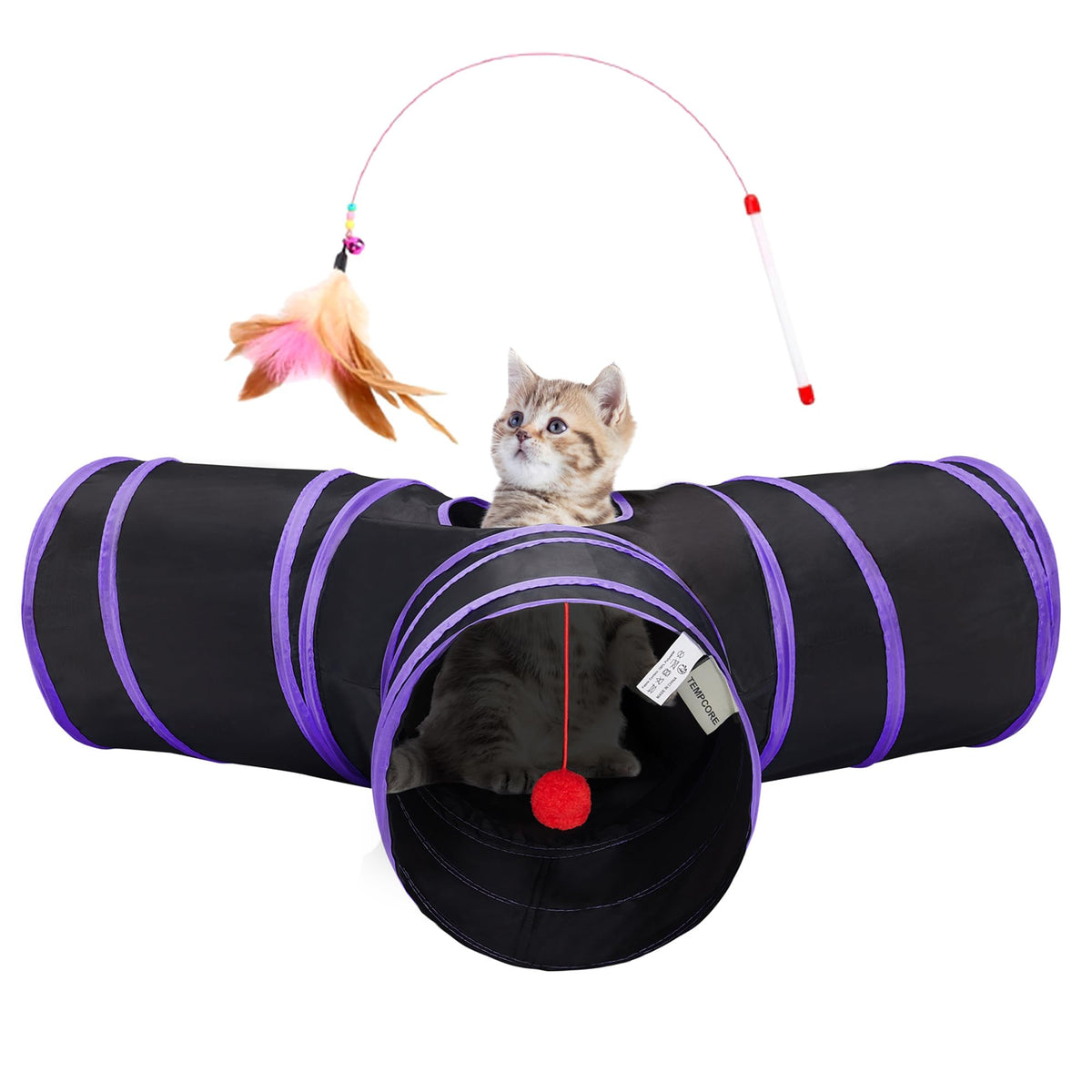 Tempcore Pet Cat Tunnel Tube Toys 3 Way Collapsible, Tunnels for Indoor Cats, Interactive Tube with Teaser Wand, Peek Holes & Hanging Ball, Black & Blue