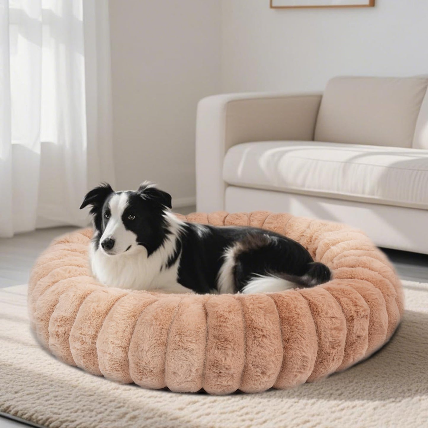 Donut Dog and Cat Bed, Luxurious Comfortable Faux Rabbit Fur Pet Beds, Round Anti-Anxiety Calming Puppy Kitten Bed with Anti-Slip Bottom for Small Medium Dogs & Cats(20", White)