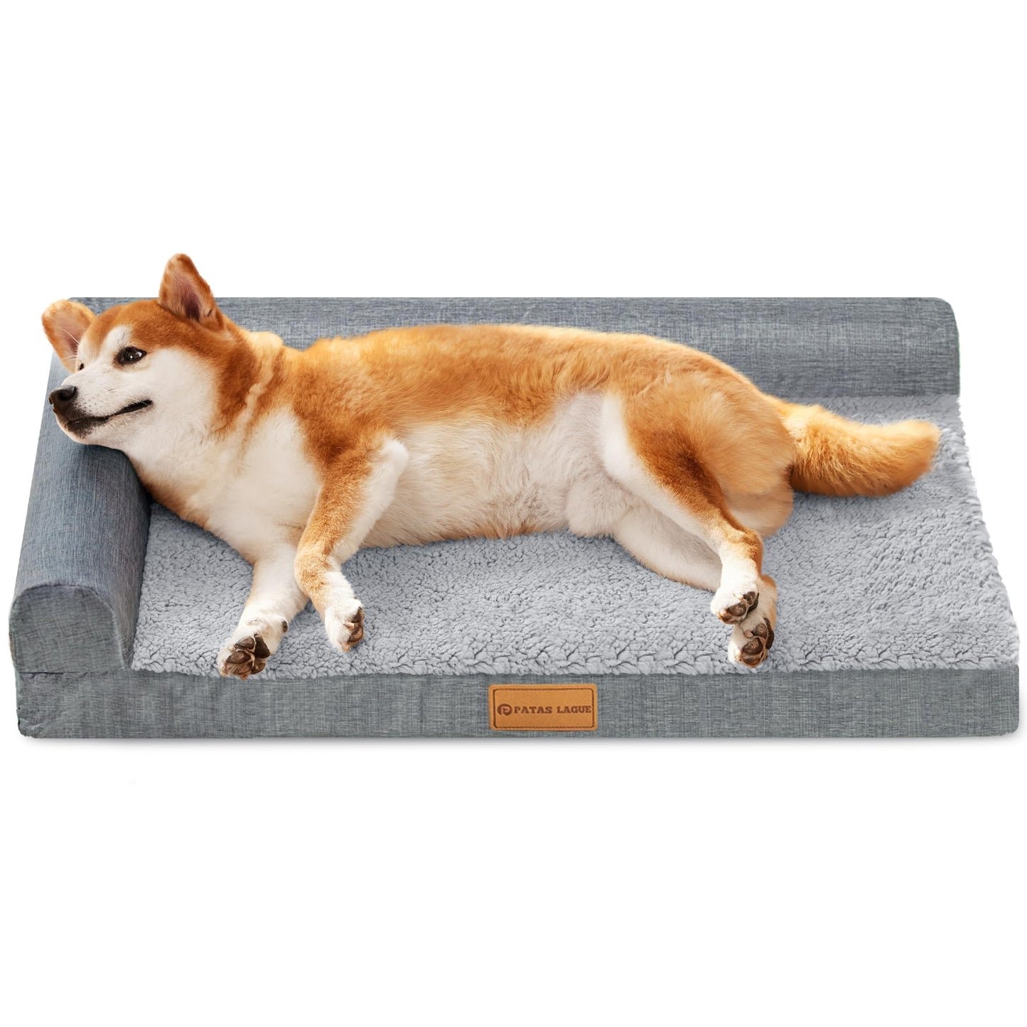 Patas Lague Orthopedic Dog Bed Large Sized Dog 36''X24'', Waterproof L Bolster Medium Pet Sofa Beds with Removable Washable Cover, Soft Pet Couch Crate Mat with Nonskid Bottom, Black