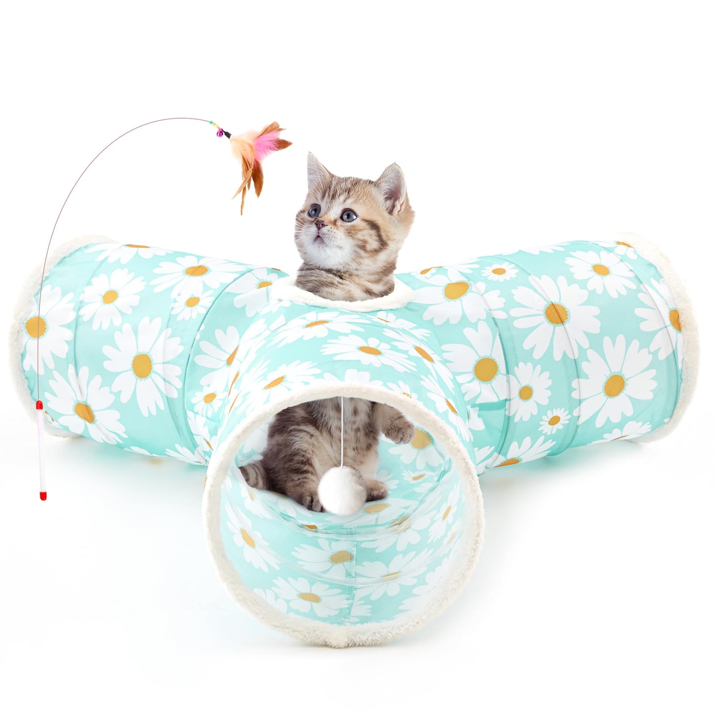 Tempcore Pet Cat Tunnel Tube Toys 3 Way Collapsible, Tunnels for Indoor Cats, Interactive Tube with Teaser Wand, Peek Holes & Hanging Ball, Black & Blue