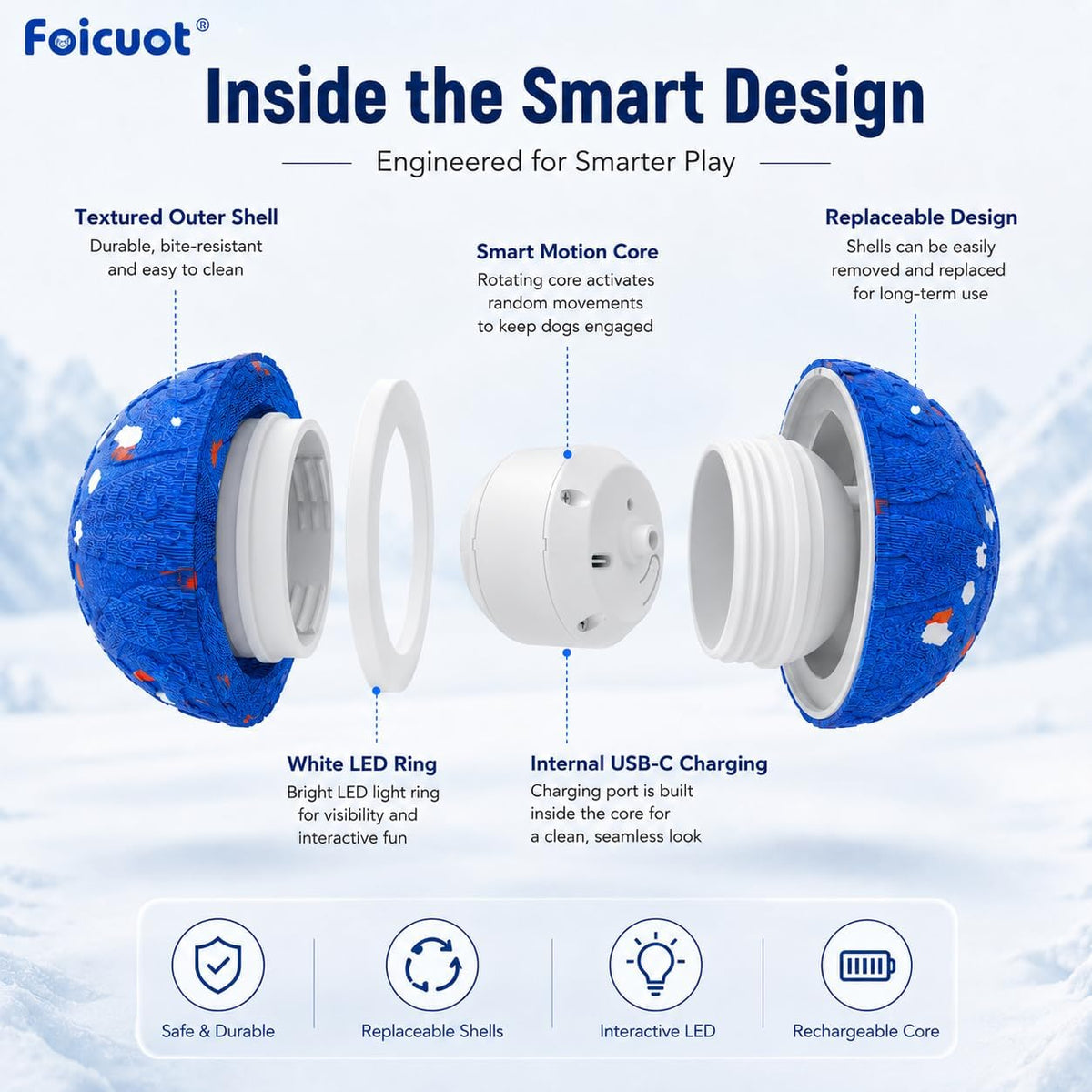 Interactive Dog Ball Toy[Newly Upgraded], Durable E-TPU Material, 3 Play Modes with Colorful Lights, E-TPU USB-C Rechargeable, IPX7 Waterproof Rating for Puppy, Medium and Large Dogs