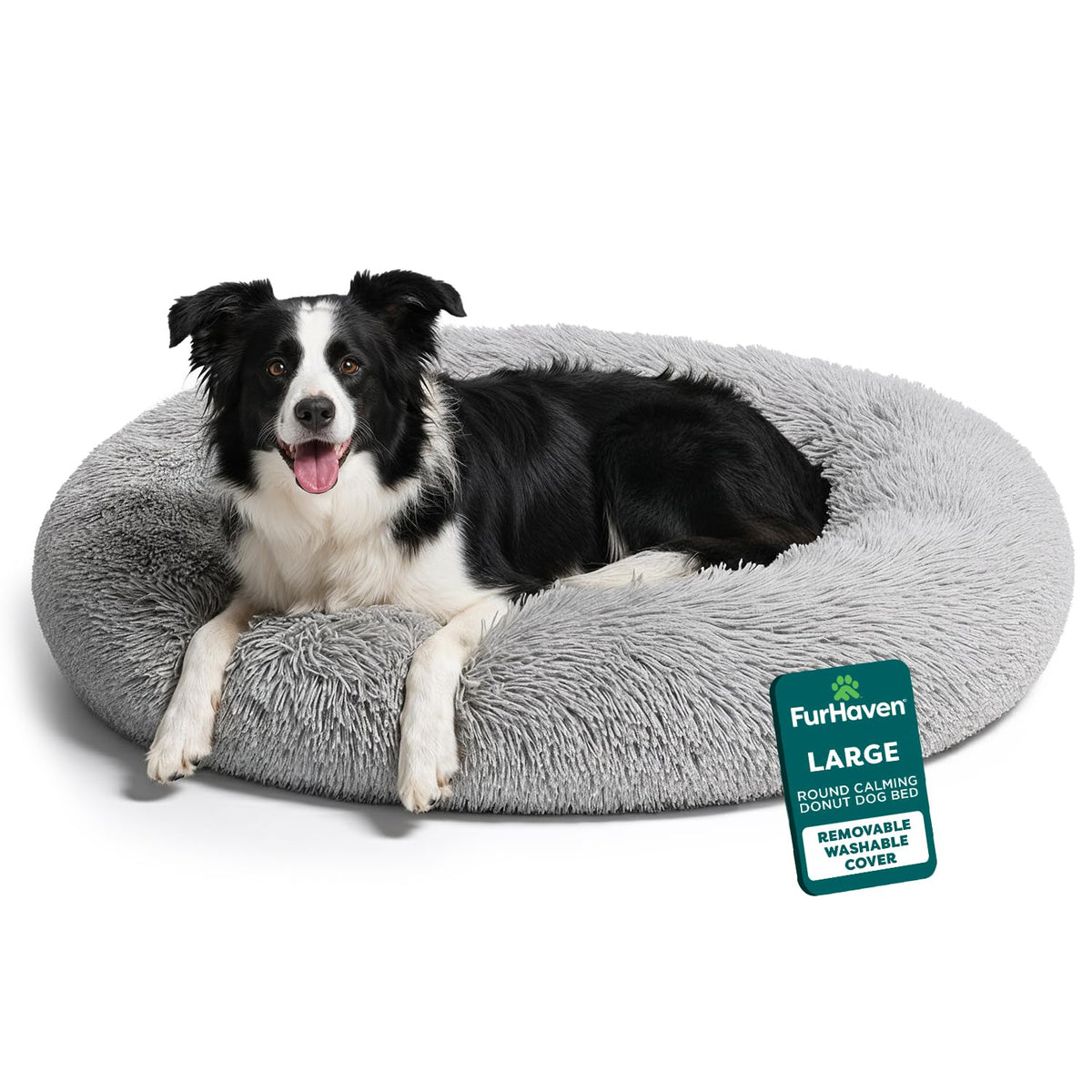 Furhaven 30" Round Calming Donut Dog Bed for Medium/Small Dogs, Refillable w/ Removable Washable Cover, For Dogs Up to 45 lbs - Shaggy Plush Long Faux Fur Donut Bed - Taupe, Medium