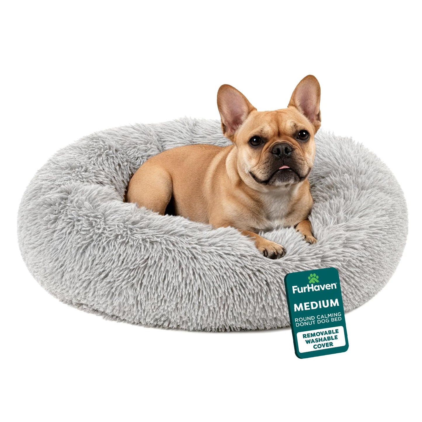 Furhaven 30" Round Calming Donut Dog Bed for Medium/Small Dogs, Refillable w/ Removable Washable Cover, For Dogs Up to 45 lbs - Shaggy Plush Long Faux Fur Donut Bed - Taupe, Medium