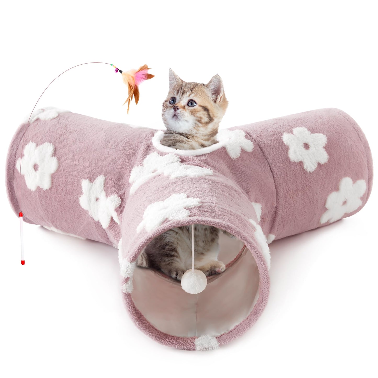 Tempcore Pet Cat Tunnel Tube Toys 3 Way Collapsible, Tunnels for Indoor Cats, Interactive Tube with Teaser Wand, Peek Holes & Hanging Ball, Black & Blue