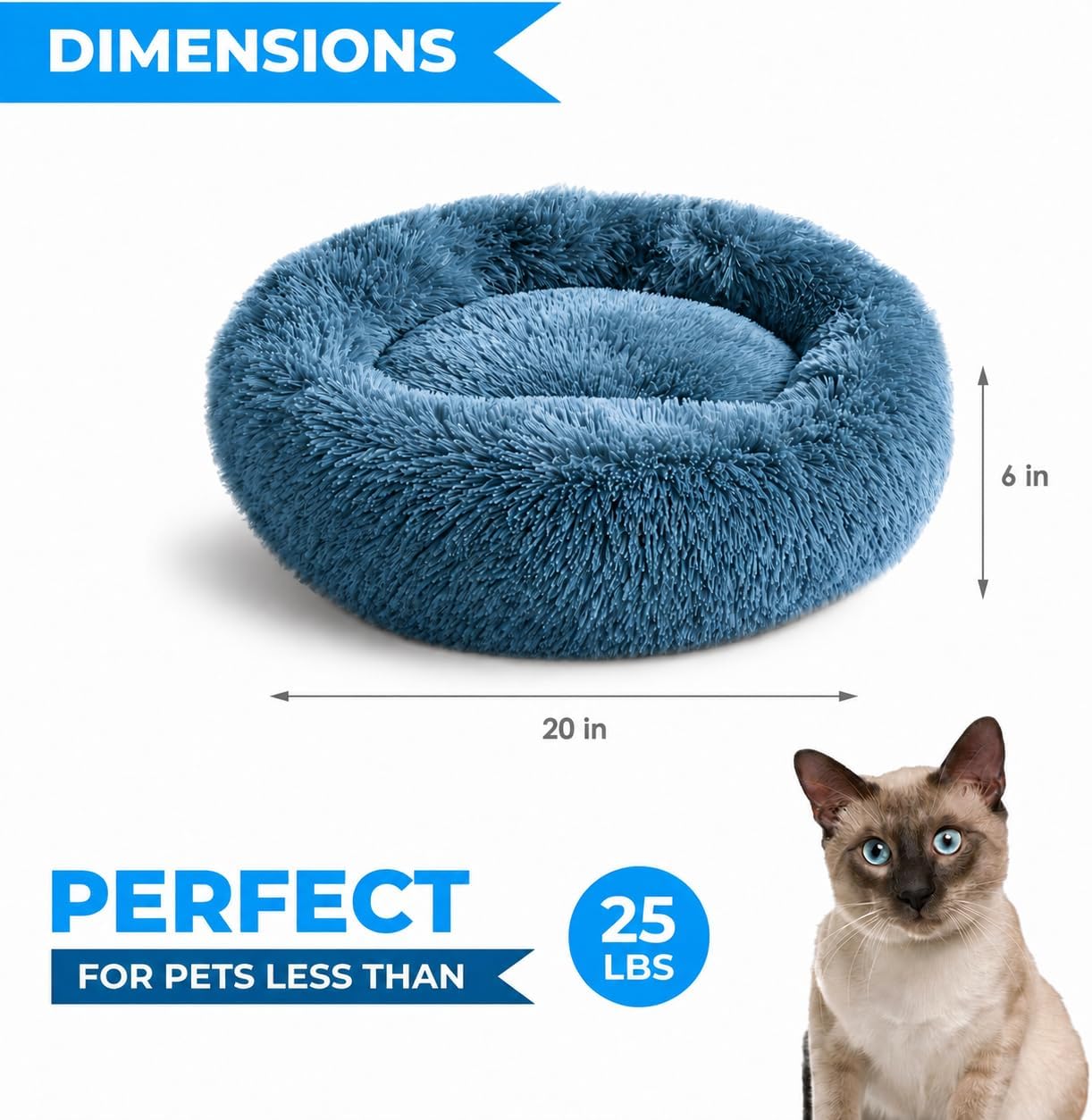 Whiskers & Friends Cat Beds for Indoor Cats, Fluffy Calming Donut Cat Bed, Small Dog Bed Washable - Orthopedic Soft Plush Pet Beds Sized for Kitten to Large Cats & Puppy to Small Dogs - Navy Grey 20''