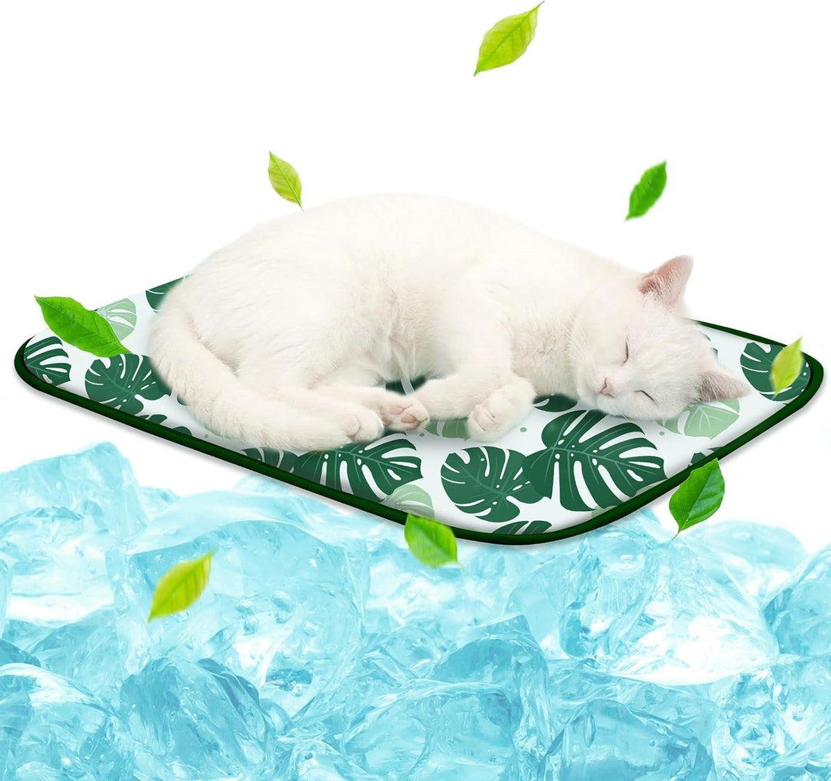 NWK Pet Cooling Mat -Q-Max>0.345 Ice Silk Cooling Mat for Dogs & Cats Portable & Washable Pet Cooling Blanket, Car Seats, Beds for Summer (Green Leaf, 20'' X 16'' X 0.3'')