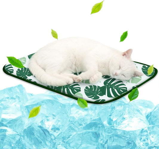 NWK Pet Cooling Mat -Q-Max>0.345 Ice Silk Cooling Mat for Dogs & Cats Portable & Washable Pet Cooling Blanket, Car Seats, Beds for Summer (Green Leaf, 20'' X 16'' X 0.3'')