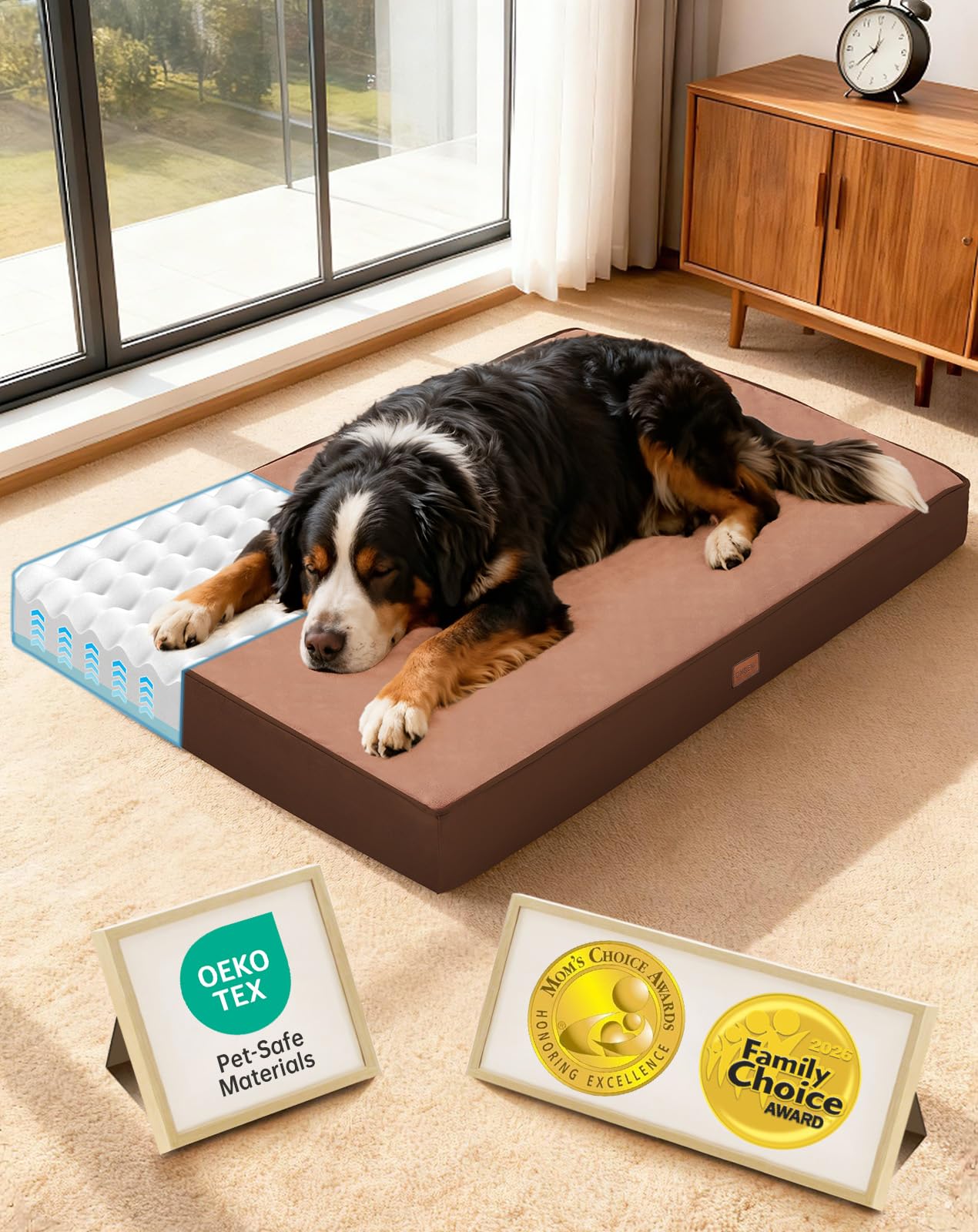 OhGeni Orthopedic Waterproof Dog Bed for Extra Large Dogs, Machine-Washable Removable Cover in Easy-Clean Fabric, Reversible Memory Foam & Easy-Carry Handle, Suitable for Crate, 41 inch (Gray)