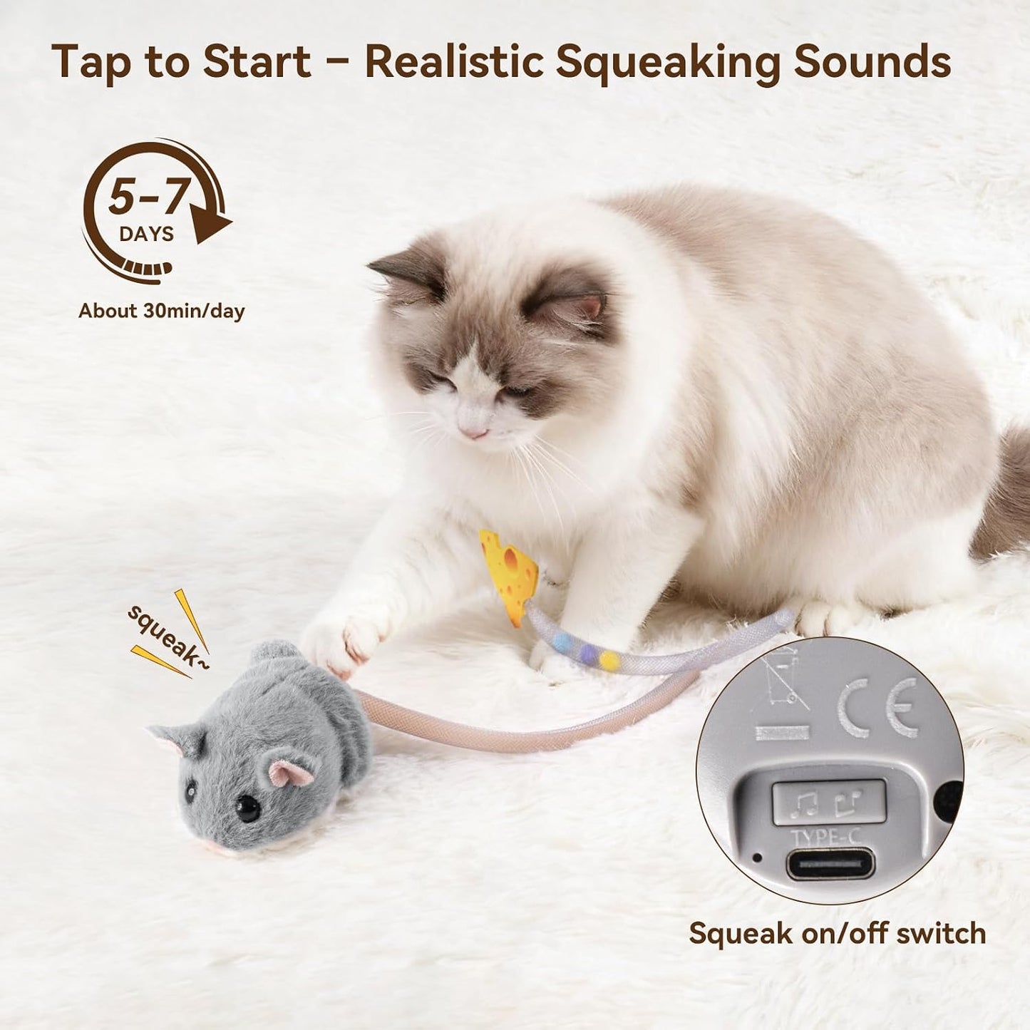 Migipaws Interactive MigiMouse Cat Toy 360° Rolling & Spin with Mesh Plastic Tail for Indoor Cats Smart Motion Sensor, Realistic Squeak, Rechargeable Plush Kitten Toy(Grey)