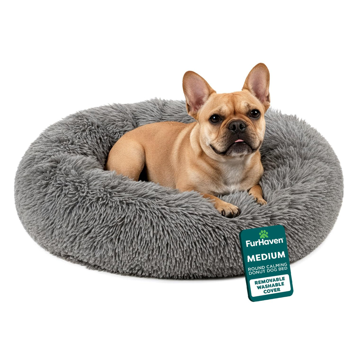 Furhaven 30" Round Calming Donut Dog Bed for Medium/Small Dogs, Refillable w/ Removable Washable Cover, For Dogs Up to 45 lbs - Shaggy Plush Long Faux Fur Donut Bed - Taupe, Medium