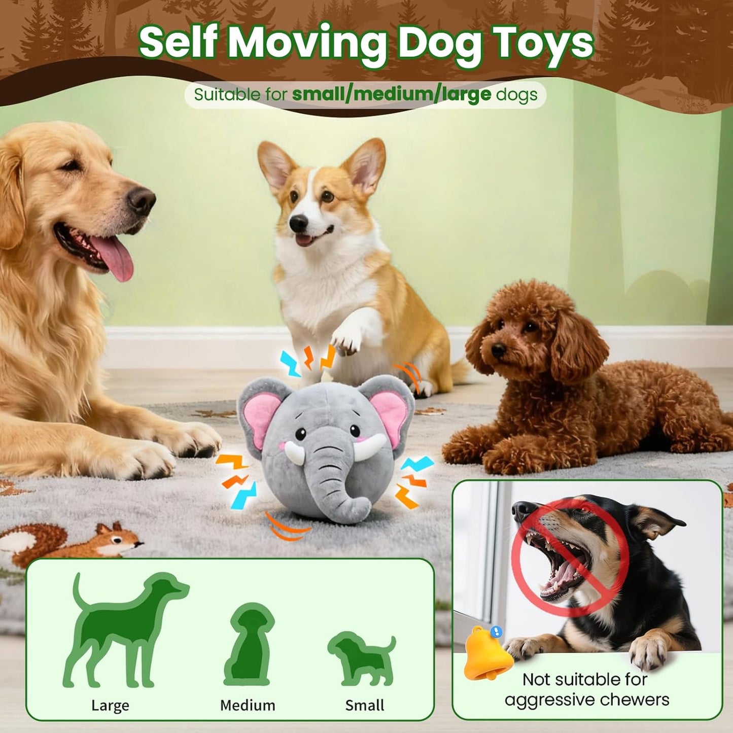 Interactive Dog Toys, Self Moving Dog Toy with Squeaky Bouncing Ball & Jumping Music Recording Mode, Rechargeable Vibrating Dogs Toy for Small Medium Large Dogs to Keep Them Busy (Elephant)