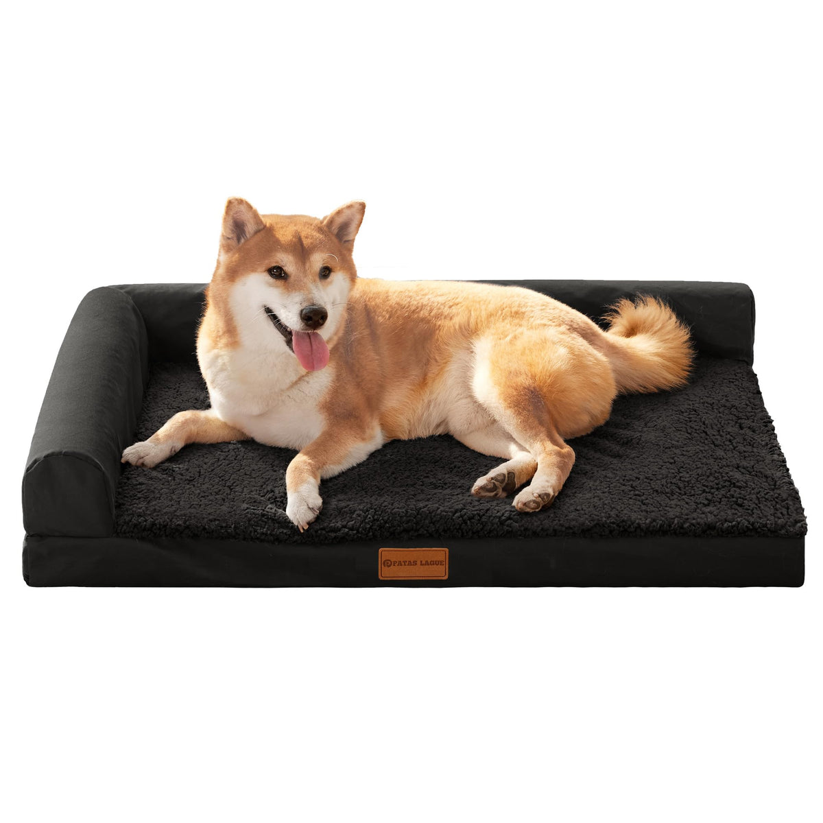 Patas Lague Orthopedic Dog Bed Large Sized Dog 36''X24'', Waterproof L Bolster Medium Pet Sofa Beds with Removable Washable Cover, Soft Pet Couch Crate Mat with Nonskid Bottom, Black