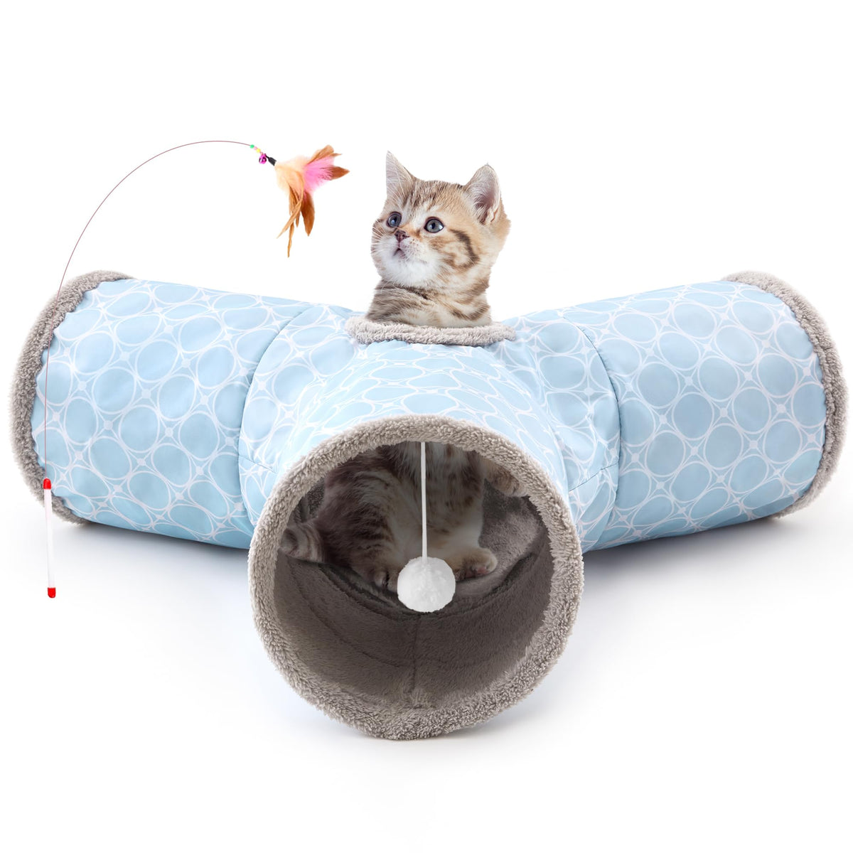 Tempcore Pet Cat Tunnel Tube Toys 3 Way Collapsible, Tunnels for Indoor Cats, Interactive Tube with Teaser Wand, Peek Holes & Hanging Ball, Black & Blue