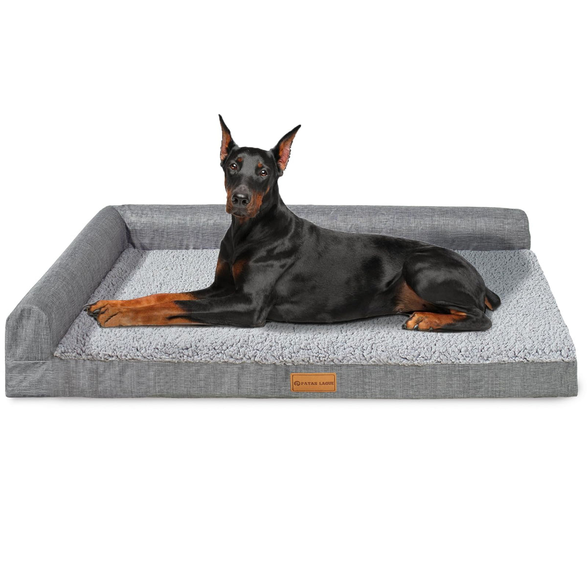 Patas Lague Orthopedic Dog Bed Large Sized Dog 36''X24'', Waterproof L Bolster Medium Pet Sofa Beds with Removable Washable Cover, Soft Pet Couch Crate Mat with Nonskid Bottom, Black