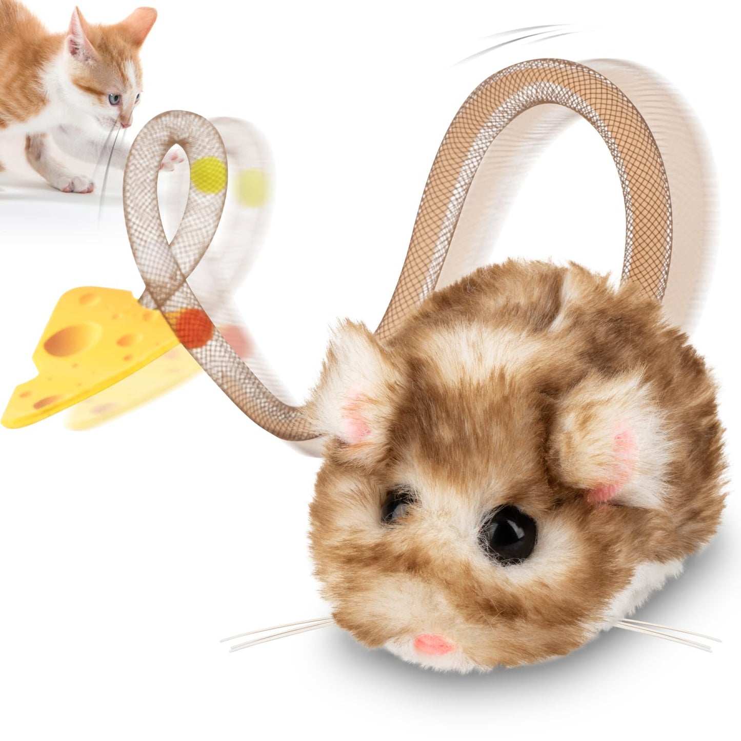 Migipaws Interactive MigiMouse Cat Toy 360° Rolling & Spin with Mesh Plastic Tail for Indoor Cats Smart Motion Sensor, Realistic Squeak, Rechargeable Plush Kitten Toy(Grey)